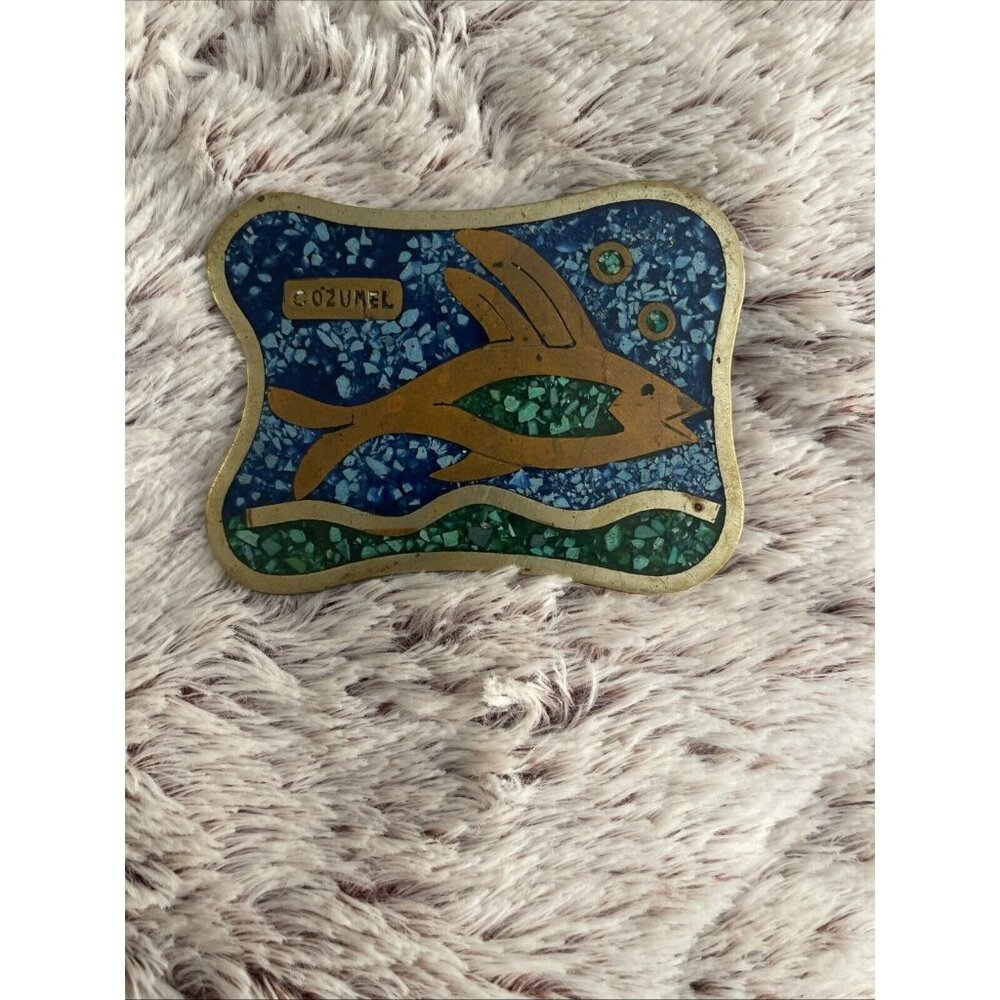 Mazatlan Mexico Cozumel Fish Turquoise Handmade Vintage Belt‎ Buckle Silver Tone